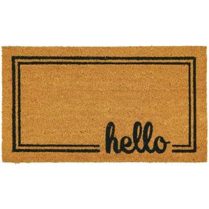mDesign Rectangular Coir and Rubber Entryway Welcome Doormat with Natural Fibers for Indoor or Outdoor Use - Decorative Script Hello Design - Natural/Black (30 x 17)