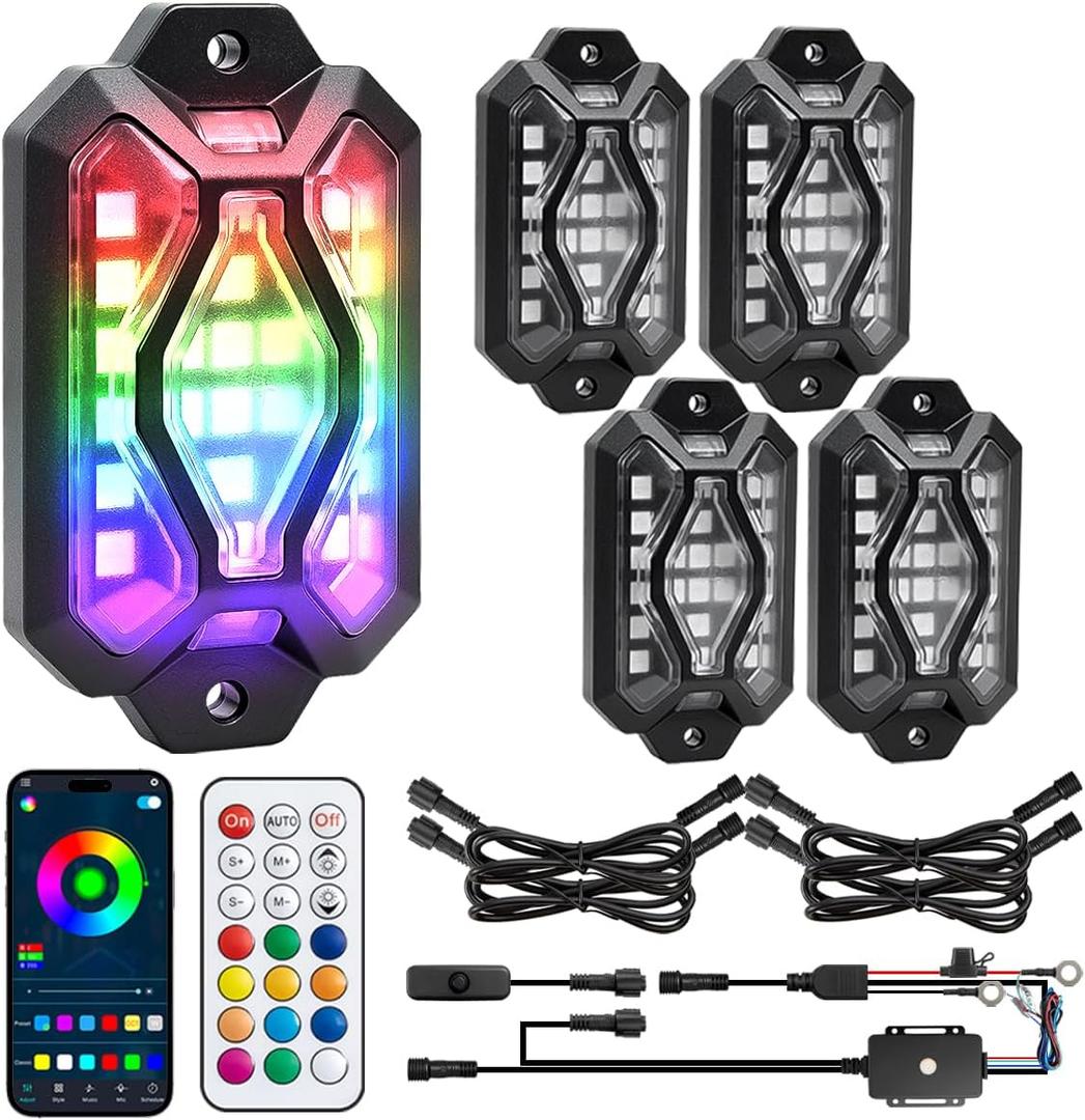 Five-Sided RGB Rock Lights - 4 Pods Multicolor Glow App/Remote Control, Music Sync, Brake Turn Signals, Easy Dual Wiring, Wheel Well Lights Underglow Kit Compatible for Car Trucks Jeep SUV UTV ATV