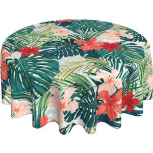 Summer Tropical Tablecloth Round 60 Inch Green Hawaiian Palm Leaf Table Cloth Polyester Fabric Floral Summer Table Cover Outdoor Decorative for Kitchen Holiday Party Dining Picnic