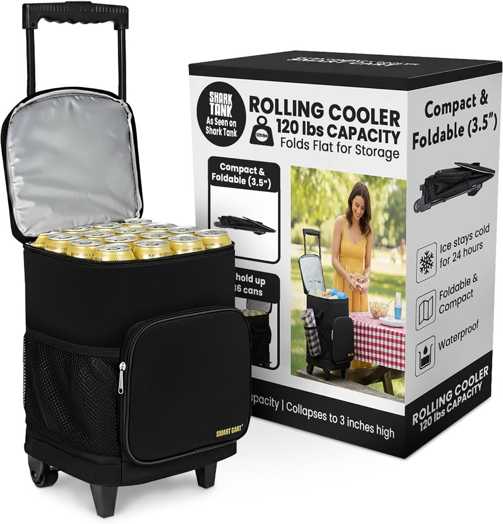 Ultra Compact Cooler Smart Cart with Wheels - Collapsible Insulated Cooler Bag - Foldable Travel Cooler 36 Cans - Leak Proof Trolley - Black, Standard
