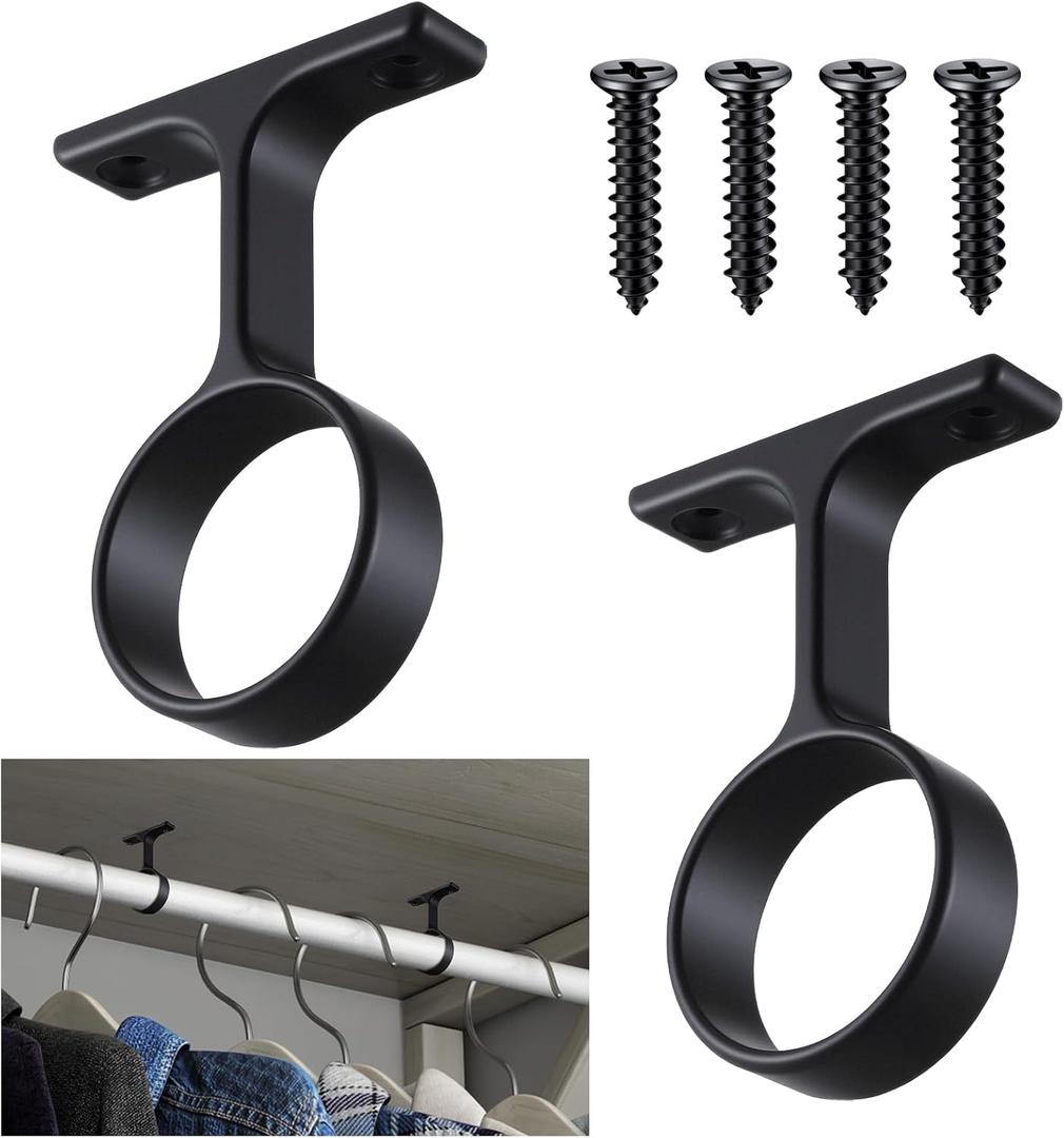 LEIFIDE 2 Pcs 1 5/16 Inch Diameter Round Wardrobe Closet Rod Suspended Center Support with Installation Screws Curtain Closet Rod Ceiling Mount Bracket for Home Wardrobe (Black)
