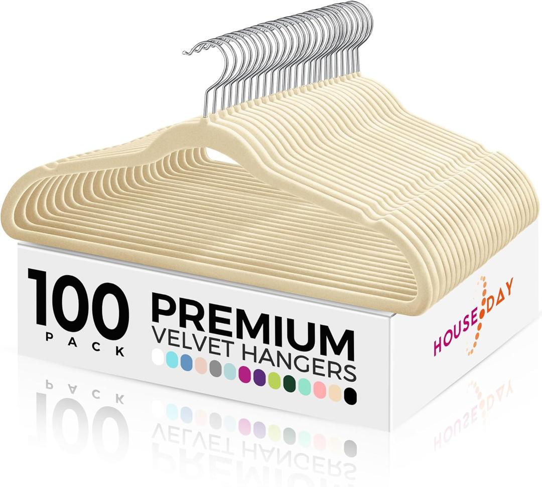 HOUSE DAY Premium Velvet Hangers 100 Pack Grey, Non-Slip Flocked Felt Hangers, Sturdy Clothes Hanger with 360 Rotatable Hook, Heavy Duty Durable Slim Coat Hanger for Closet Space Saving