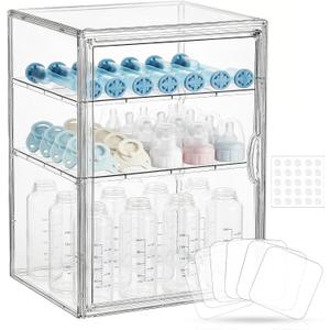 Baby Bottle Organizer X-Large Adhesive Wall-Mount 3 Tier Adjustable Acrylic Bottle Storage Container with Magnetic Door for Countertop, Cabinet, Kitchen, and Vanity, Gifts for New Mom