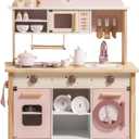 ROBUD Play Kitchen for Kids Toddlers, Wooden Play Kitchen, Toy Kitchen Set Realistic Accessories, Plenty of Play Features, Modern Style Toy Kitchen for Girls & Boys, Gift for Ages 3+, Pink 