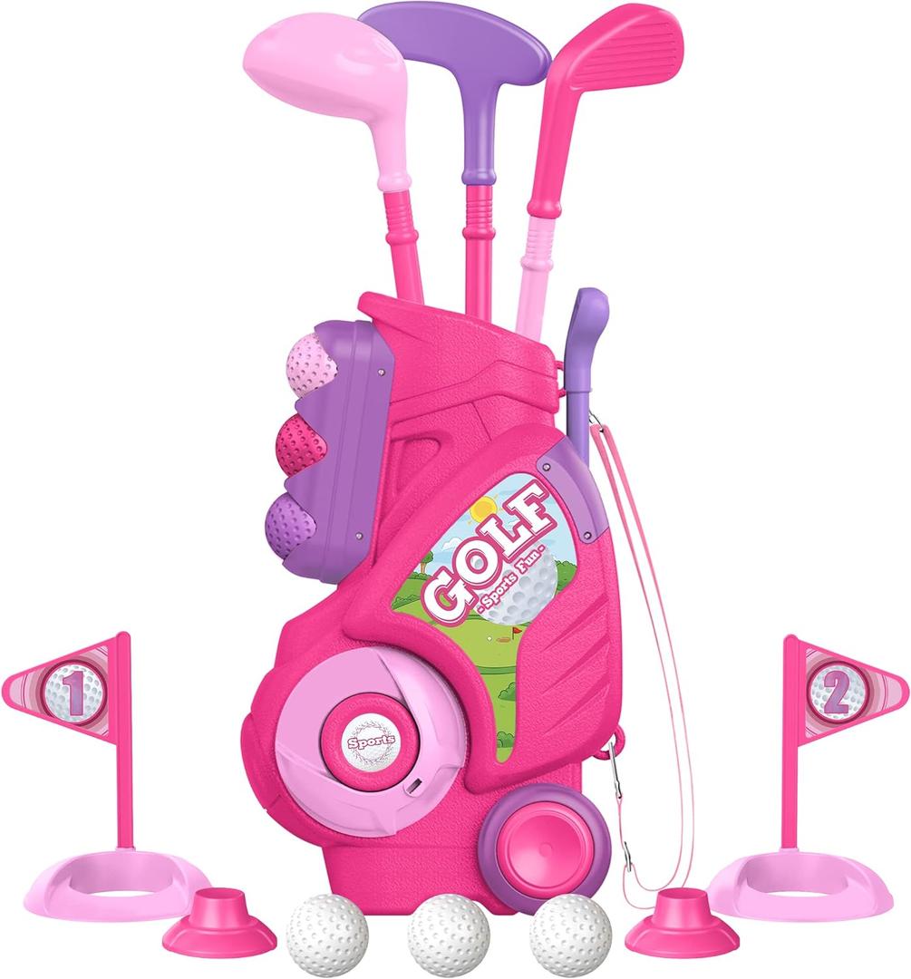 Liberry Toddler Golf Set for 1 2 3 4 Years Old, Upgraded Kids Golf Cart with Unique Shoulder Strap Design, Indoor and Outdoor Golf Toys for Boys Girls (Pink)