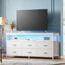 Huuger LED TV Stand for Bedroom, 55 Inch Fabric Dresser with Power Outlets, Entertainment Center for 60, 55, 50 Inch TV, 6 Drawer Dresser for Bedroom, Chest of Drawers with Shlef, PU Leather, White, 54 inch