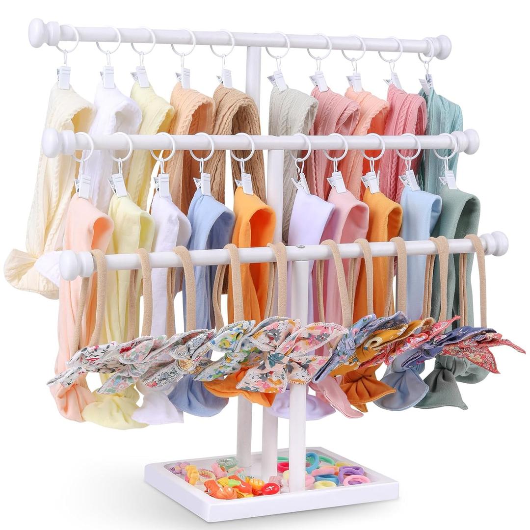 POVETIRE Headband Holder Stand Storage for Baby, 3 Tier Wooden Bow Organizer for Girls Hair Bows, Infant Hair Accessories Rack Display for Nursery Decor (White)