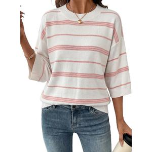Dokotoo Womens Sweaters Spring Summer Oversized 3/4 Sleeve Striped Crewneck Casual Lightweight Knit Pullover Sweater Tops, Small
