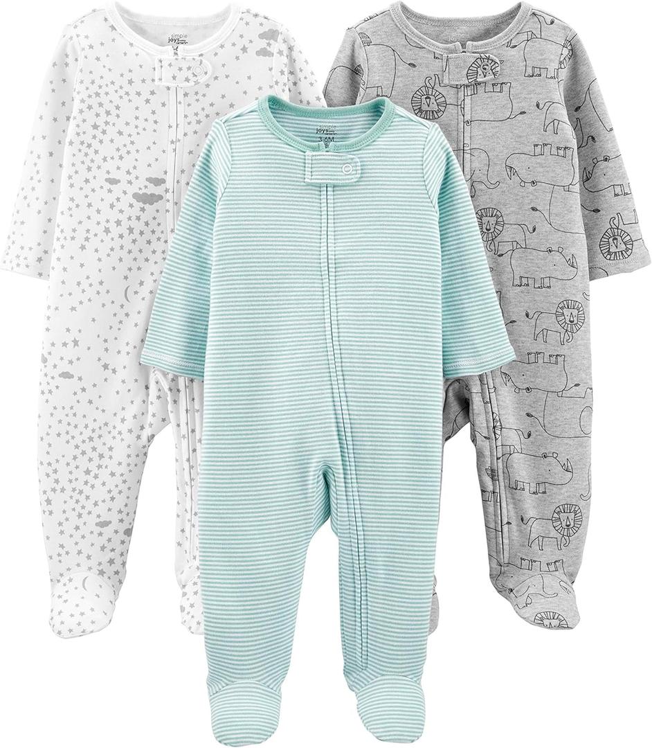 Simple Joys by Carter's Baby 3-Pack Neutral Sleep and Play (Green Stripe/Grey Lion/White Stars)