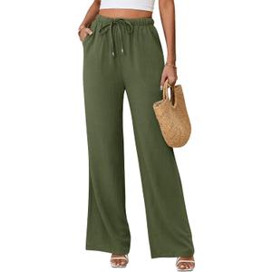 Linen Pants for Women Flowy Palazzo Pants Boho High Waist Wide Leg Trousers Summer Beach Vacation Outfits 2025 Green, Small