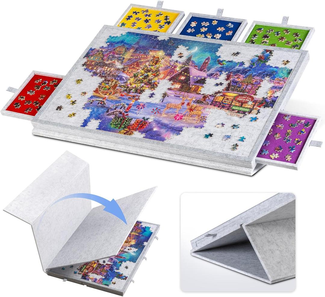 Lavievert Tilting Puzzle Board with 2-in-1 Designed Stand & Cover, Super Lightweight Felt Puzzle Plateau with 5 Drawers for Adults, Portable Jigsaw Puzzle Table for Up to 1000 Pieces – Light Gray, 30.3 × 21.1 × 1.7 in