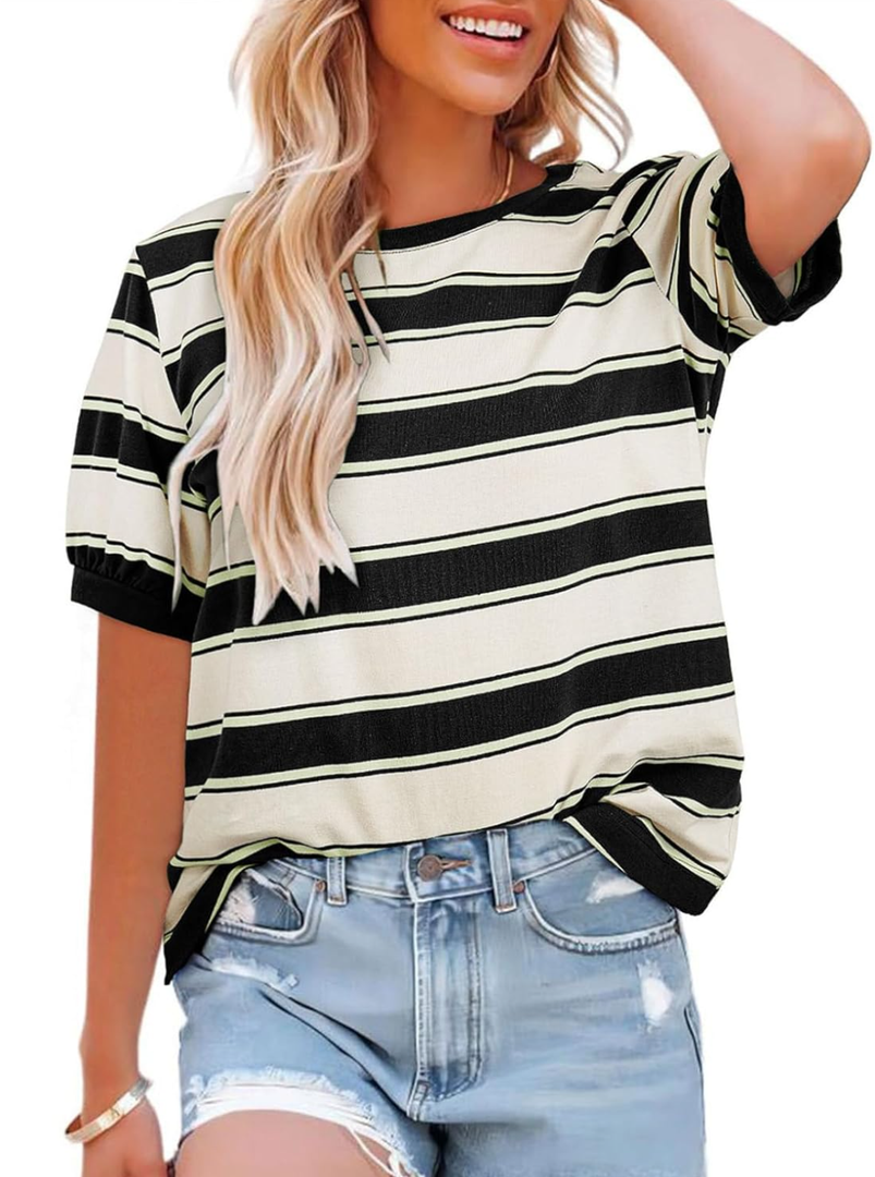 Womens Tops Cotton Casual Color Block Striped Short Sleeve Shirts Crewneck T Shirts Loose Basic Tee Blouses, Size medium