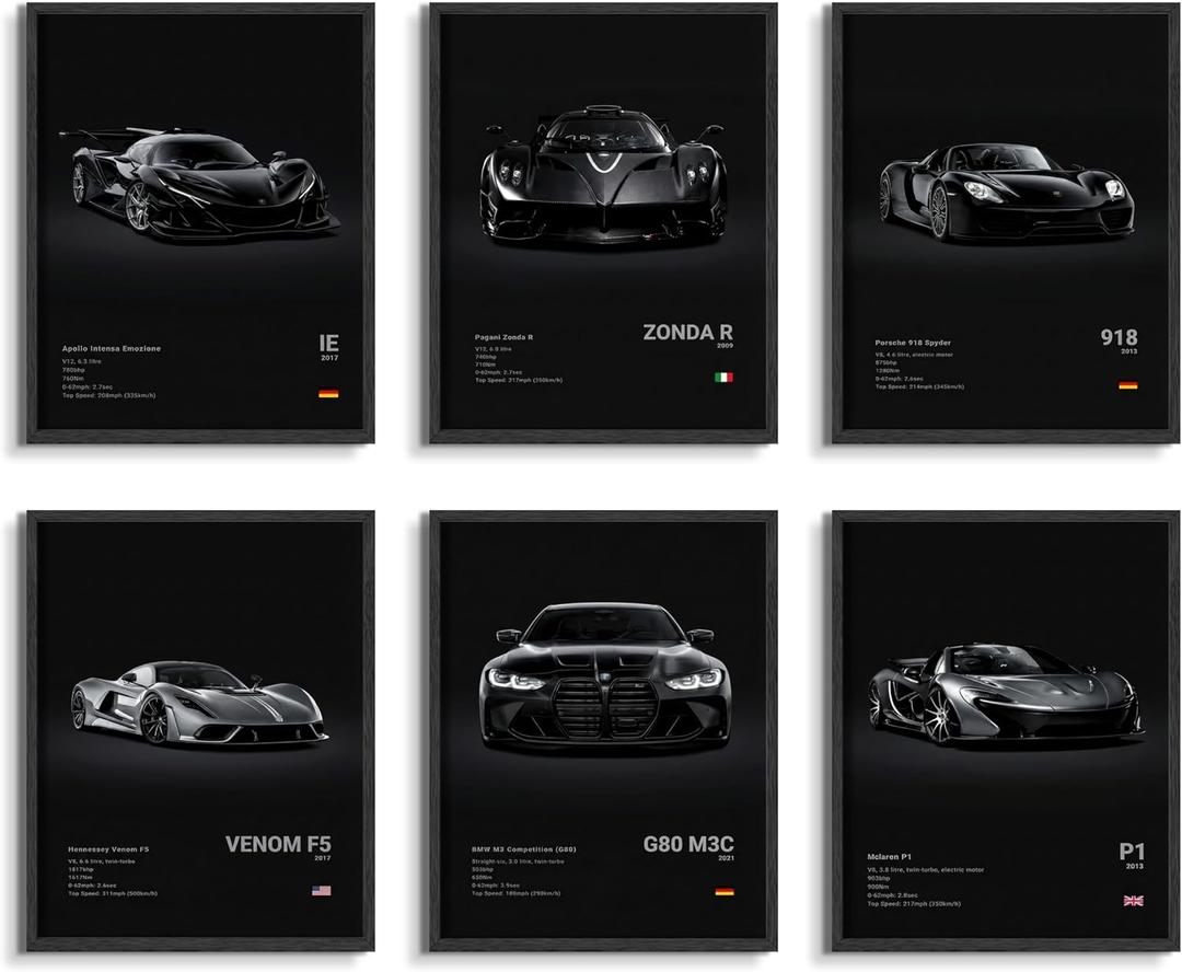 HTTART Car Posters Set of 6, Vintage Car Wall Art, Black Race Car Canvas Wall Decor Paintings,Supercar Aesthetic Prints Pictures for Boys Room Men Room Bedroom Dorm 8x10 Inch Unframed