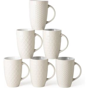 AmorArc Extra Large Coffee Mugs Set of 6, 20oz Ceramic Tall Coffee Mugs Set with Textured Geometric Patterns for Coffee/Tea/Beer/Hot Cocoa, Dishwasher & Microwave Safe,Beige