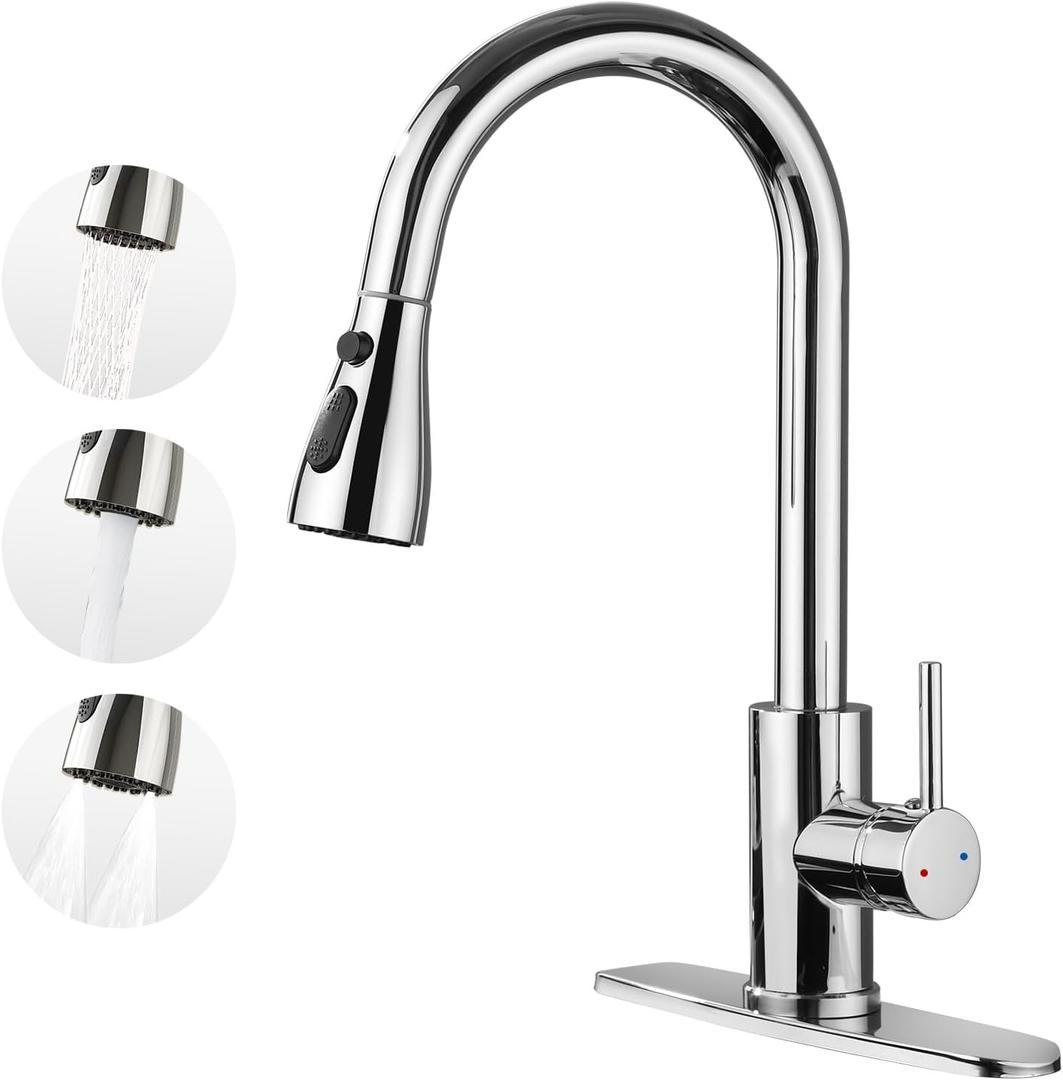 Kitchen Faucet with Pull Down SprayerStainless Steel Single Handle Kitchen Faucet1/3 Hole, Deck Plate IncludedSuitable for farmhouses, Campers, Laundry Rooms, RVs, and Bars (Chrome)