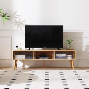 Bamboo TV Stand for 55 60 65 Inches TV, Durable Entertainment Center with 3 Cabinets for Gaming Console, Modern Accent TV Console Cabinet for Living Room, Bedroom (Natural)