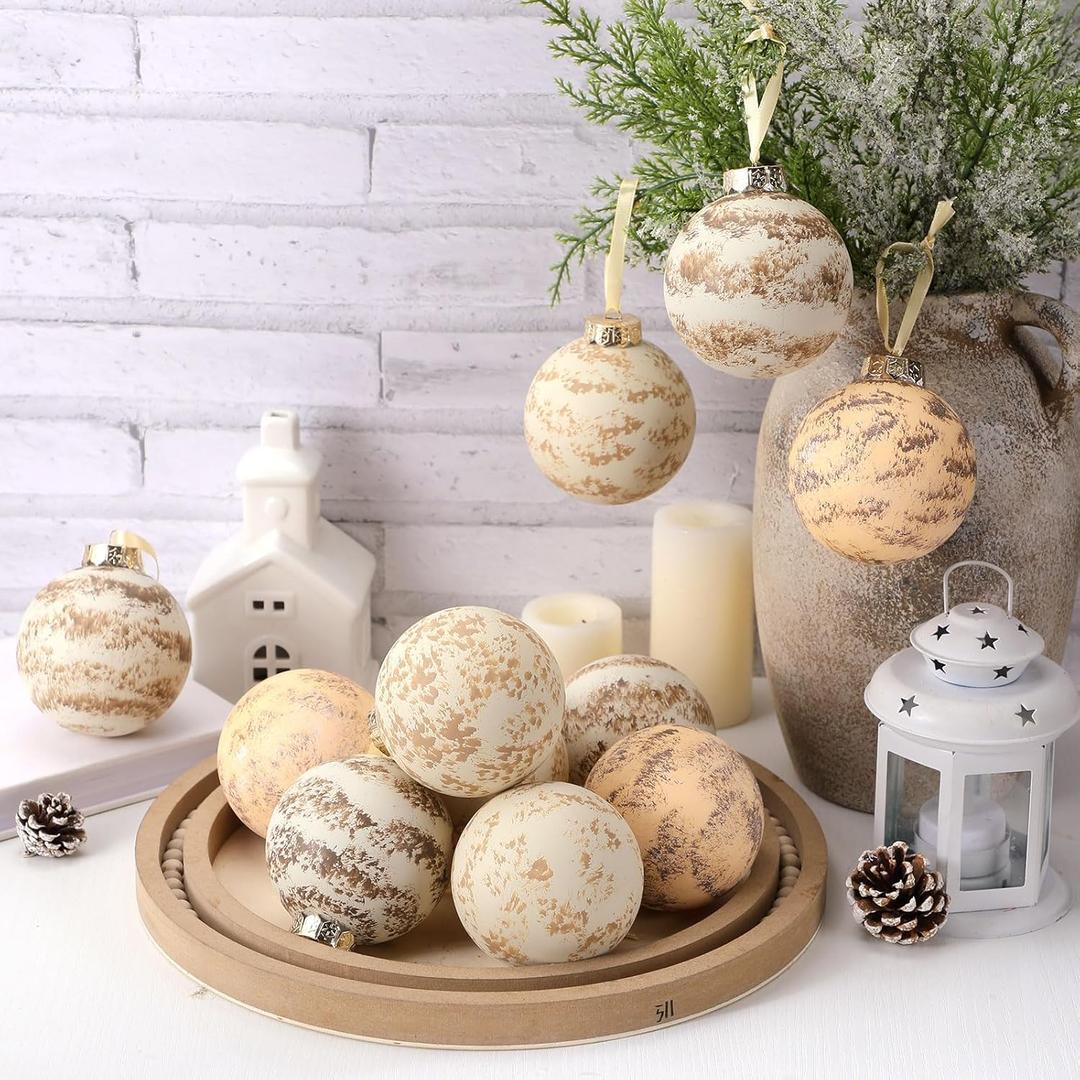 12 Pcs Large Neutral Textured Christmas Ornaments 3.15 Inch Farmhouse Rustic Cream Christmas Tree Balls Modern Vintage Shatterproof Xmas Baubles for Home Decor DIY Party Gift (Light)