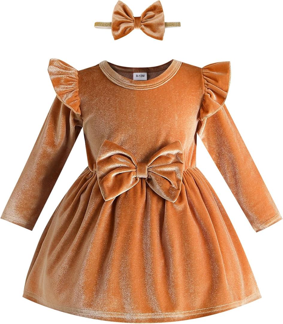 Kucnuzki Toddler Baby Girl Clothes Velvet Dress Solid Little Flower Girl Dress Princess Casual Party Dress for Girl Fall (18-24 Months, Brown)
