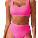 ANRABESS Women Swimsuits Two Piece Bikini Set High Waisted Ribbed Tummy Control Modest Bathing Suits 2025 Beach Swim Wear (Medium, Hot Pink)