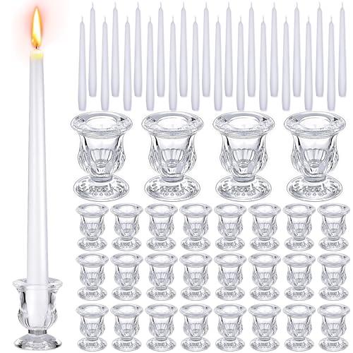 24 Pcs Taper Candlestick Holder Clear Glass Candle Holder with 10 Inch White Candles 8 Hours Burn Time Smokeless Candles for Wedding Table Centerpiece Party Decorations