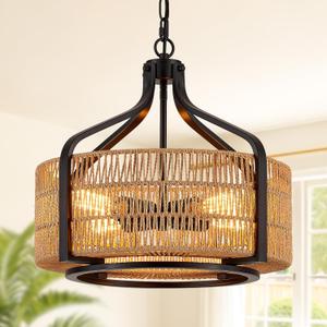 17.8" Boho Rattan Chandelier, 4-Light Black Drum Light Fixture, Medium