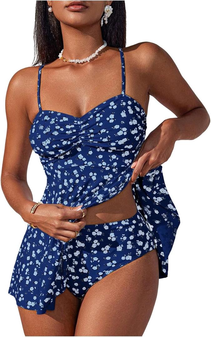 Verdusa Women's 2 Piece Floral Tankini Swimsuits Tummy Control Swim Dress with High Waisted Bikini Bottoms (Blue, S)