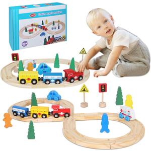 33Pcs Magnetic Wooden Train Set - Expandable Tracks Fit Thomas Brio - Educational Toy Fosters Imagination, Creativity, Logical Thinking, Ideal Birthday for Toddlers Kids Ages 3-6