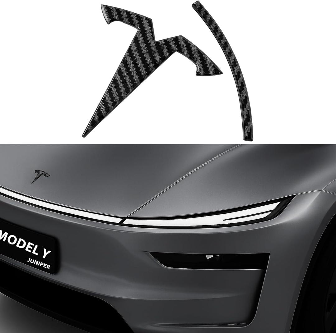 Metal Emblem for Tesla Model Y Juniper 2026+, Logo Cover Anti-Fade, All-Weather, Easy Install, Multiple Colors for Tesla Y Juniper Accessories (Front, Black Carbon Fiber Pattern)