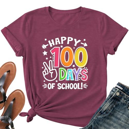 Happy 100 Days of School Teacher Shirt-Women 100th Day Teacher Life Short Sleeve Cute School Days Tee Top Size XL