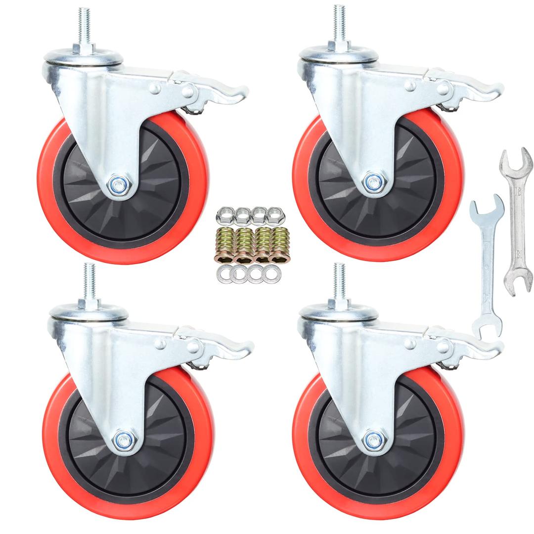 Heavy Duty Stem Caster Wheels M10-1.5X25mm Dual Locking No Noise PVC Threaded Stem Caster Wheels Pack of 4 for Workbench, Dolly, Furniture (5 Inch, Red)