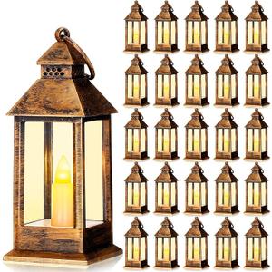 Hoolerry 12 Set Halloween Mini Lanterns with LED Candles 5.5'' Decorative Hanging Small Vintage Lantern Centerpiece Battery Powered for Wedding Table(Bronze)