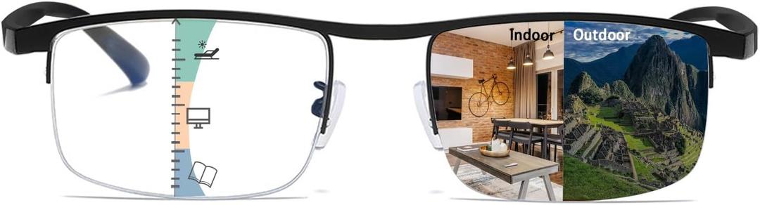 Half-frame Women's Multifocal Reading Glasses TR90 Photochromic Progressive Reader Anti-Blue Light Computer Glasses (Black)