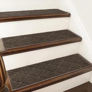 COSY HOMEER Edging Stair Treads Non-Slip Carpet Mat 28inX9in Indoor Stair Runners for Wooden Steps, Edging Stair Rugs for Kids and Dogs, 100% Polyester TPE Backing (15pc, Brown)
