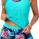 Yonique 3 Piece Athletic Tankini Swimsuits for Women with Shorts Swim Tank Tops with Sports Bra and Boyshorts Bathing Suits (Large, Aqua Colorful Floral)