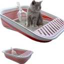 Collapsible Kitten Litter Box, 17.7 x 13.4 x 5 inch Shallow Travel Litter Box Senior Cats Open Cat Potty Pan with Scoop Anti-Splashing Low Entrance Cat Toilet with Falling Sand Pedal Grey (M, Pink)