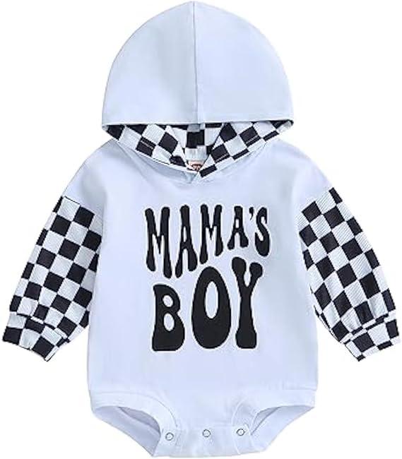 Socutebabe Baby Boy Fall Clothes Long Sleeve Pullover Checkerboard Hoodie Romper Sweatshirt Mama Boy Outfits Sweater Jumpsuit, Size: 12-18 Months