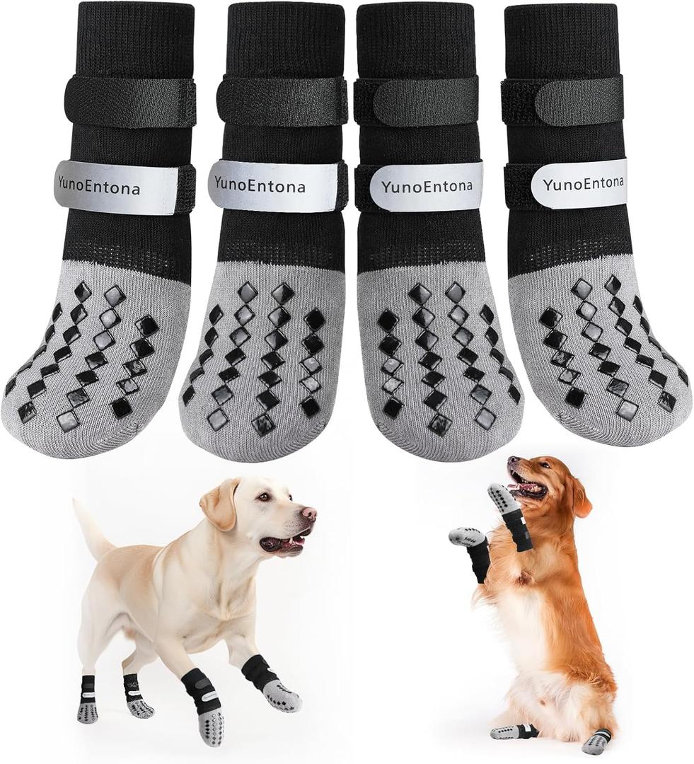 Non Slip Dog Socks to Prevent Licking Paws - for Hardwood Floors Anti Slip - Grippy Socks for Senior Dog - Double Elastic Reflective Straps Prevent Scratching for Hot Pavement. (Grey, M)