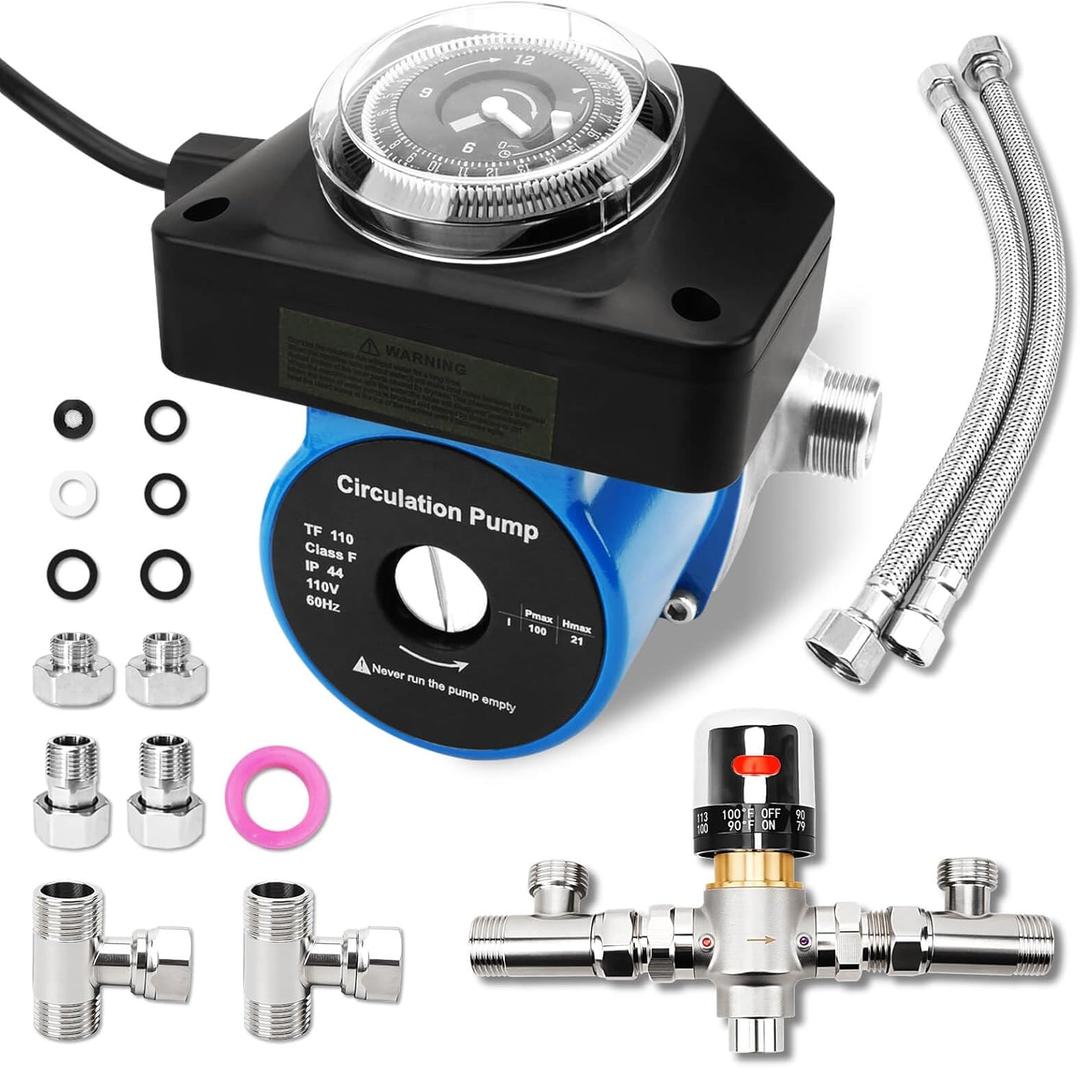 RAMATA Instant Hot Water Recirculating Pump System Kit For Tank Water Heater Recirculation Circulation Circulating Water Pump with Adjustable Hot Water Recirculating Valve Kit (Not Tankless)