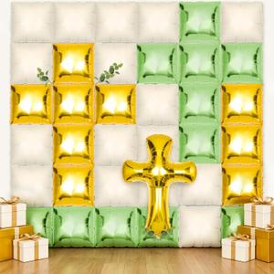 Xqumoi Religious Square Foil Balloons Wall Backdrop - 36pcs God Bless Baptism Wall Backdrop Balloon Garland Kit, Gold Cross & Eucalyptus Decor for First Communion Baby Christening (Sage Green)