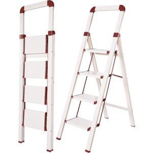 BIBKOKE Step Ladder 4-Step White Finish Aluminum Iron Folding Ladders | Anti-slip Sturdy Portable Foldable Ladder Modern Step Stool for Kitchen Home Office Libaray