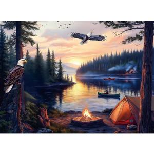500 Piece Jigsaw Puzzle for Adults  Peaceful Lake Sunset with Eagles and Campfire | Nature Landscape | Relaxing 500 Piece Puzzles for Adults & Great Puzzle for Family Time or Display (20.5" x 15")