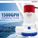12V 1500 GPH Non-Automatic Bilge Pump Kit with Float Switch, Submersible Boat Marine Water Pump Combo, Water-Cooled Motor, 1-1/8" Outlet, Low Noise for Boats, Yachts, Ponds, Pools
