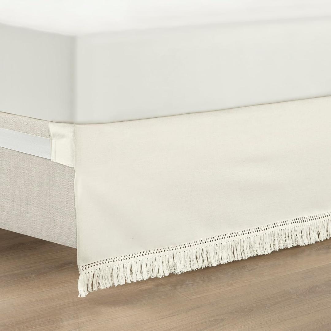 Lush Decor Boho Fringe 15-Inch Tailored Drop Easy Fit Bed Skirt King Size Single 78" W x 80" L +15" White - King Bed Skirt - Wrap Around Bed Skirt, Off-White