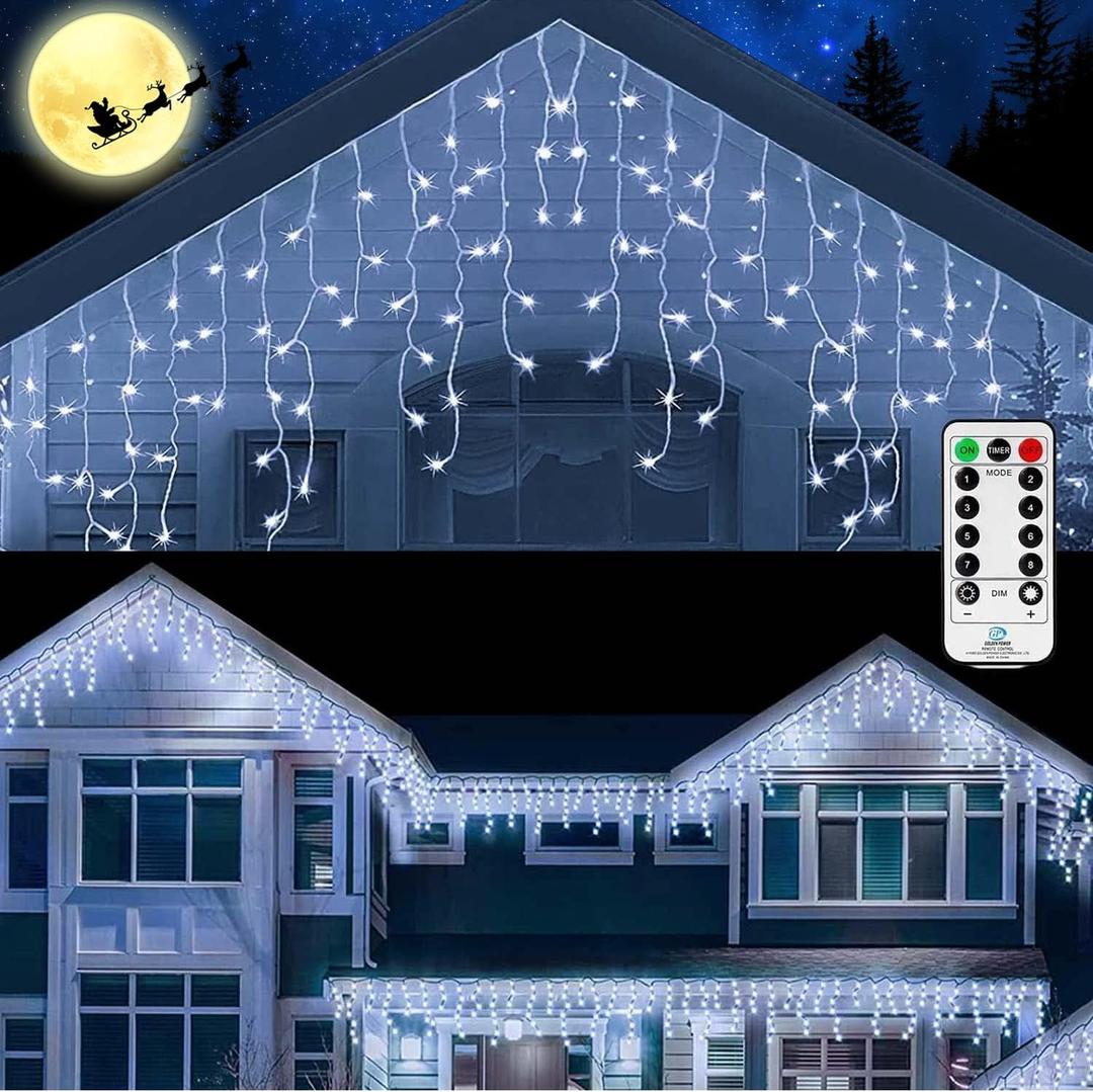 Outdoor Icicle Lights for Outside,9.8FT String Lights with Remote Timer, Battery Powered Hanging Window Wall Dripping Ice Light Waterproof for House Garden Yard Decor(White)