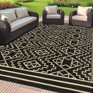 SAND MINE Reversible Mats, Plastic Straw Rug, Modern Area Rug, Large Floor Mat and Rug for Outdoors, RV, Patio, Backyard, Deck, Picnic, Beach, Trailer, Camping (9' x 18', Black & Beige)