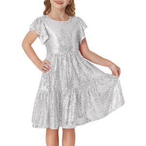 GRACE KARIN Girls Silver Sequin Dress Ruffle Sleeve Formal Party Pageant Dress Size 7