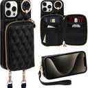 Case for iPhone 12 Pro/iPhone 12 6.1'' Wallet Case, Crossbody Zipper Purse Handbag Wristlet for Women, RFID Blocking Card Holders, Ring Kickstand Flip Leather Cover for iPhone 12/12 Pro, Black