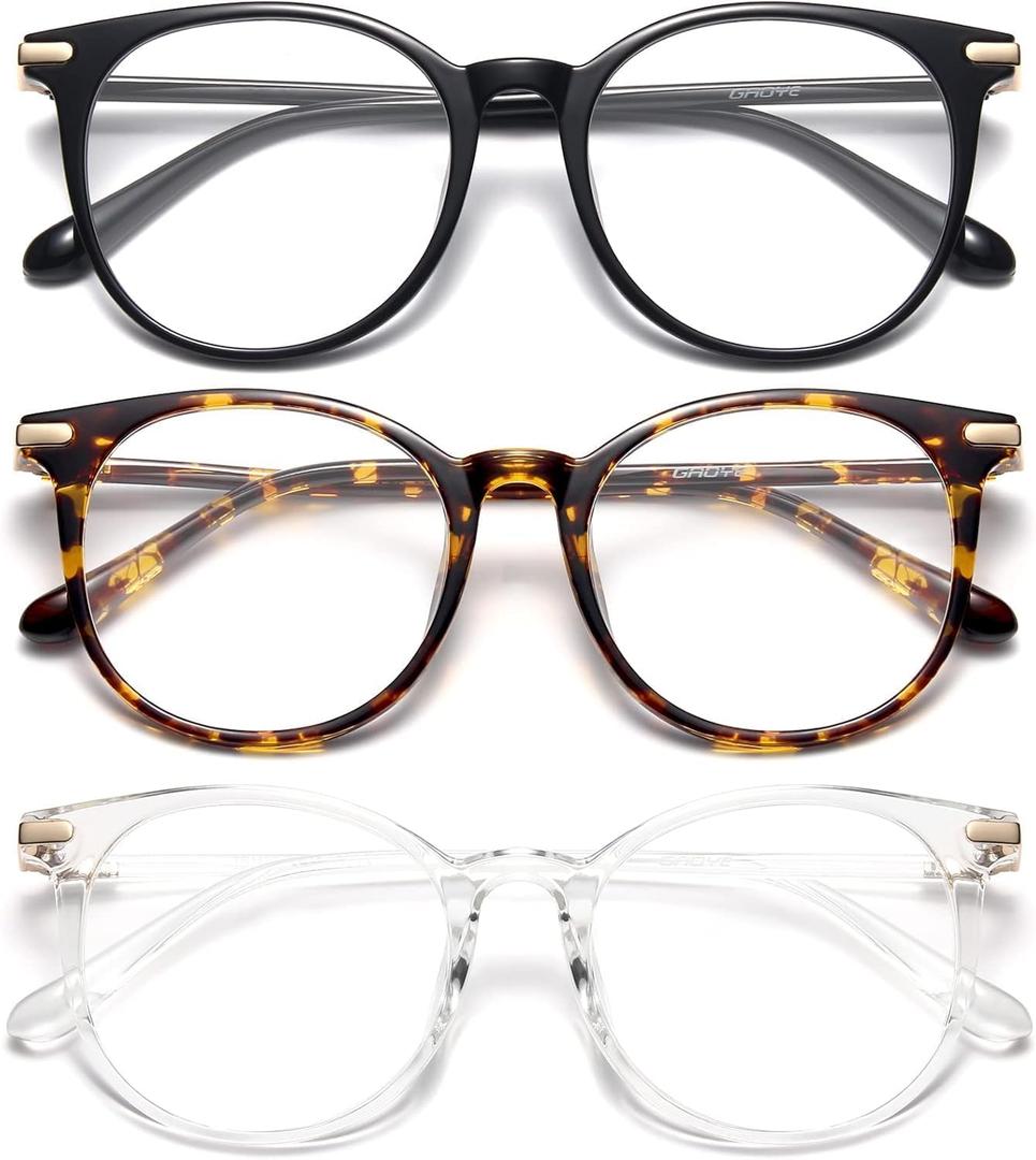 Gaoye 3 Pack Blue Light Blocking Glasses, Retro Round Eyewear Frame Anti Eyestrain Computer Glasses for Women Men - GY1688 (Black+Tea Leopard+Transparent)