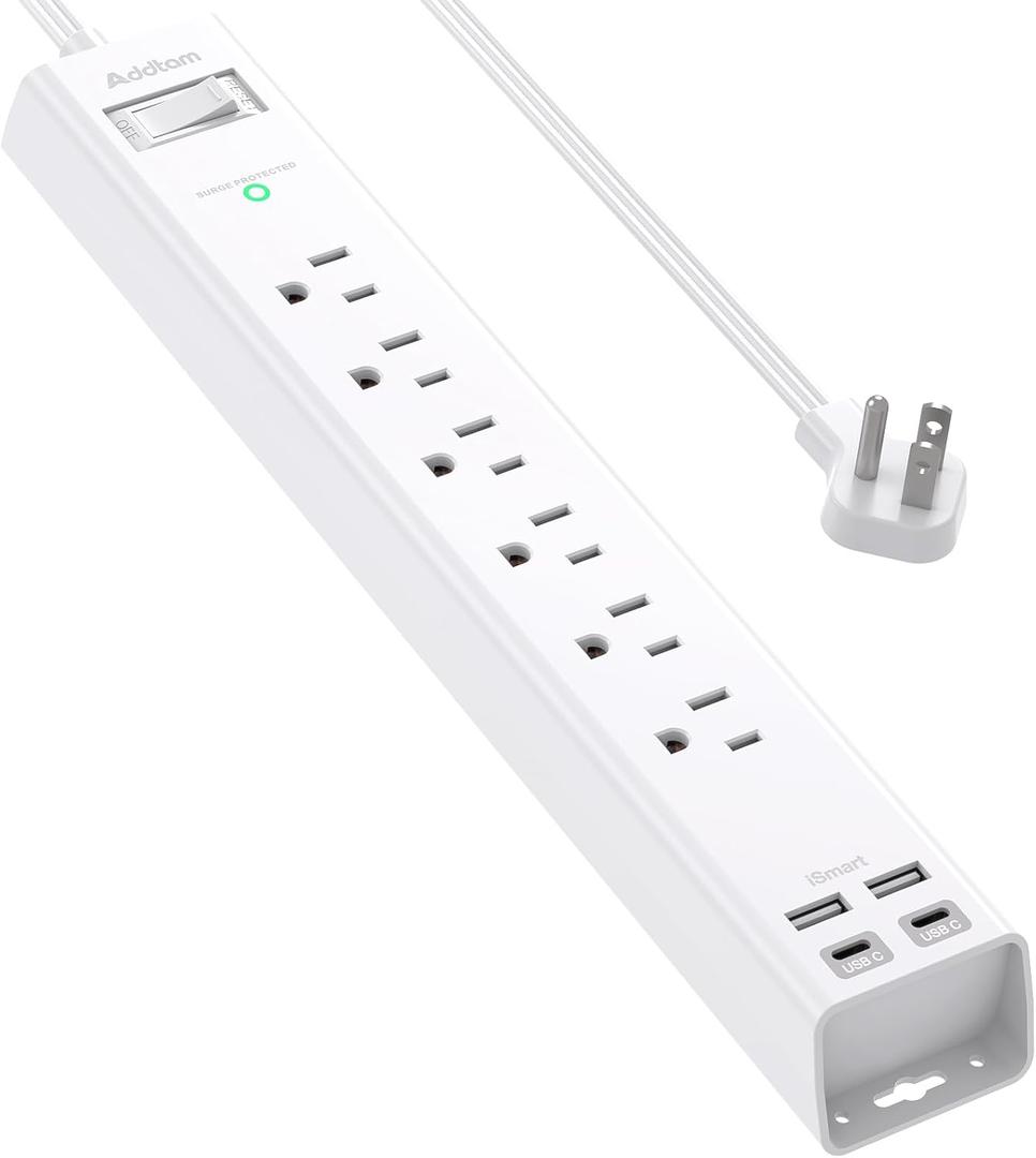 10Ft Extension Cord with Multiple Outlets, Addtam Flat Plug Power Strip Surge Protector with Long Cord,6 Outlet 4 USB Ports (2USB C),Multi Plug Outlets for Office,College,Dorm Essentials, ETL Listed