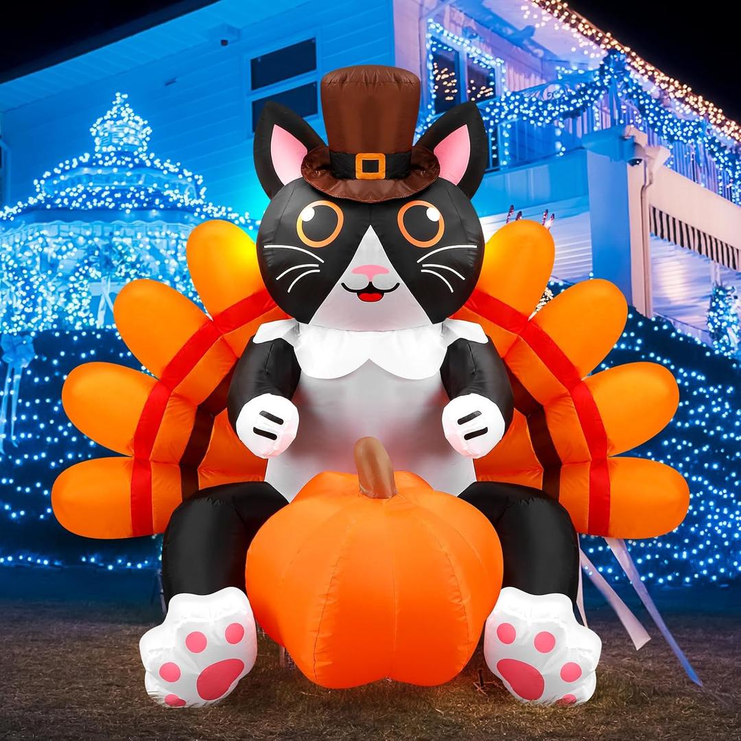 Leyndo 5 ft Height Thanksgiving Inflatable Animal with Built in LED Lights Thanksgiving Inflatable Decorations Outdoor Fall Pumpkin Yard Decoration for Autumn Holiday Yard Garden Party(Cat)